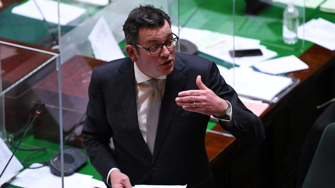 A file photo of Victorian Premier Daniel Andrews speaking during question time in the Legislative Assembly at the Parliament of Victoria in Melbourne.