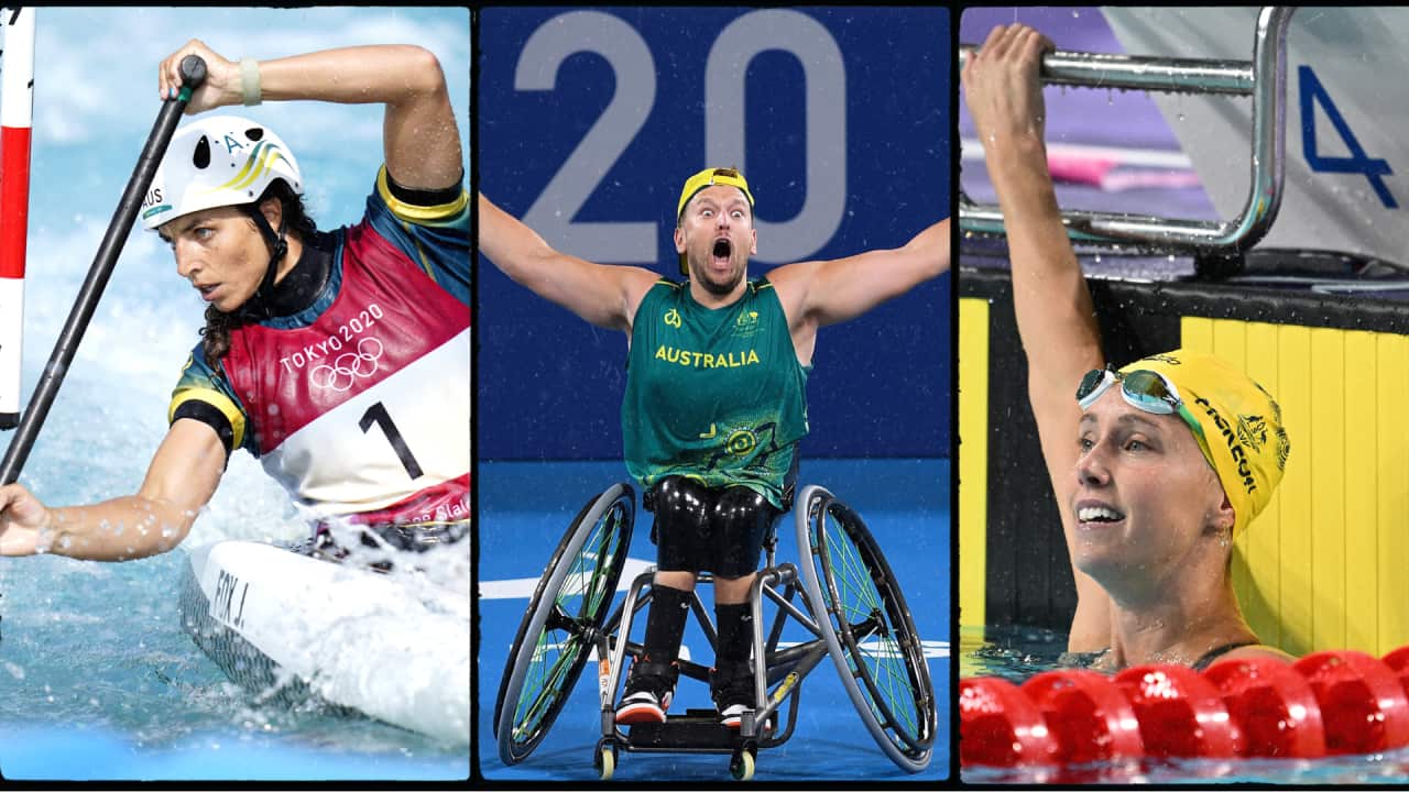 A collage of a girl in a canoe, a man cheering in his wheelchair and a woman in