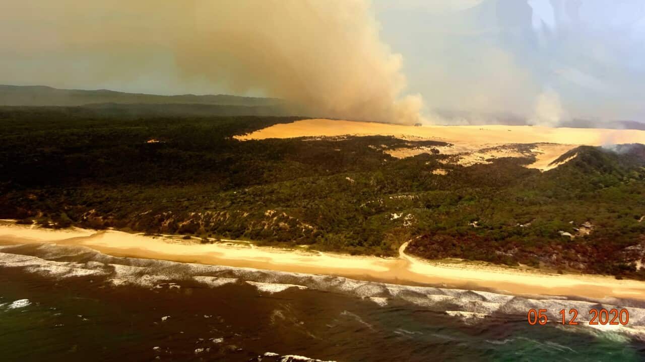 An aerial image of the K'gari-Fraser Island bushfire captured on Saturday, December 5.