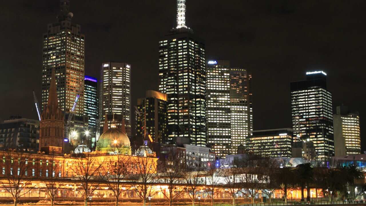 The city skyline at night in Melbourne