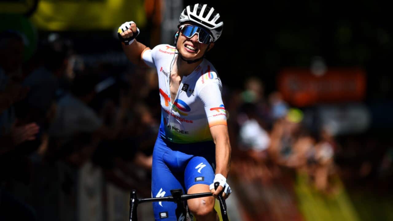 Valentin Ferron celebrates as he crosses the finish line