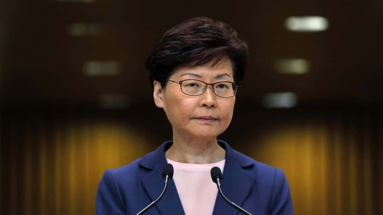 Hong Kong Chief Executive Carrie Lam pauses during a press conference in Hong Kong on Tuesday, July 9, 2019.