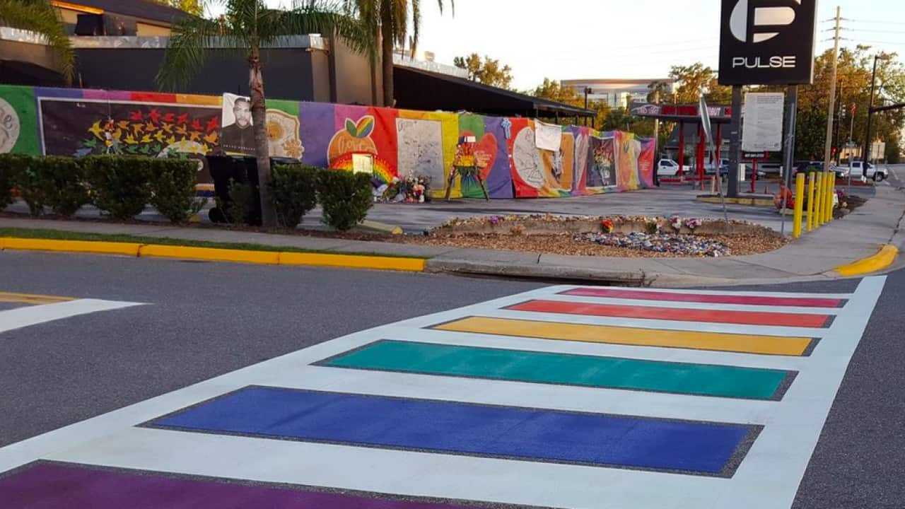 A rainbow crossing has been installed outside the Pulse nightclub in Orlando