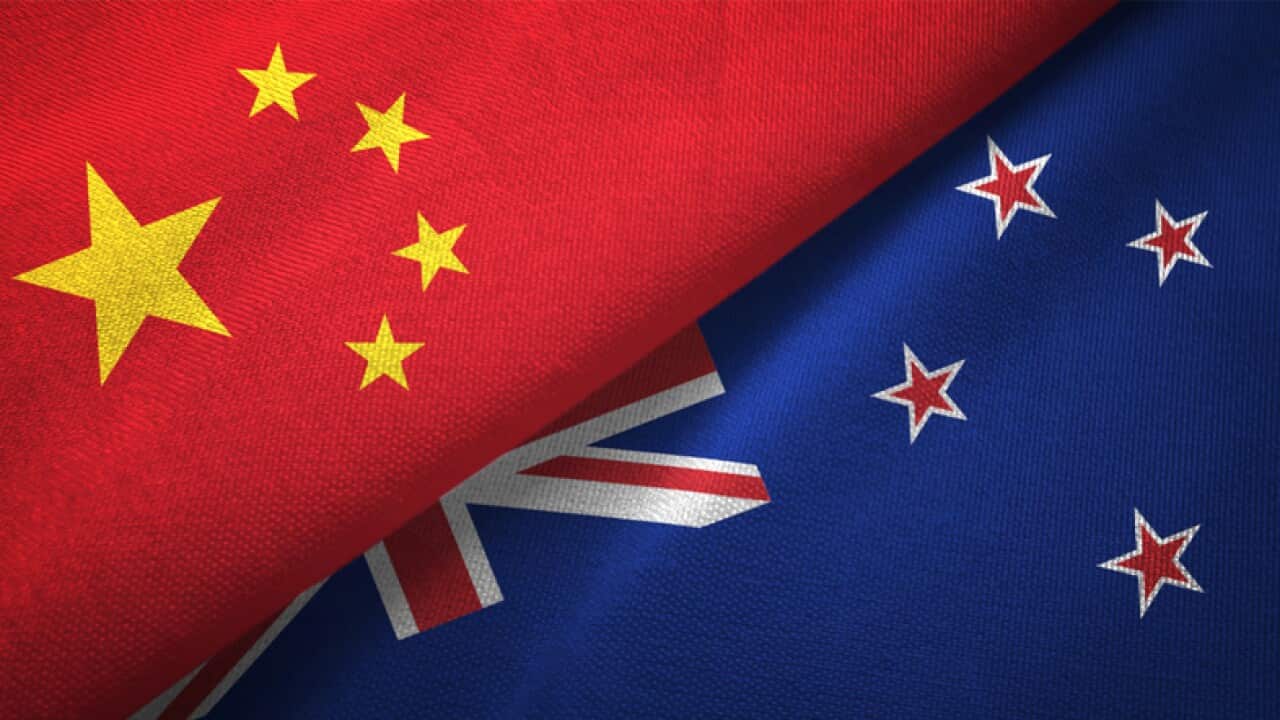 New Zealand and China two flags together realations textile cloth fabric texture