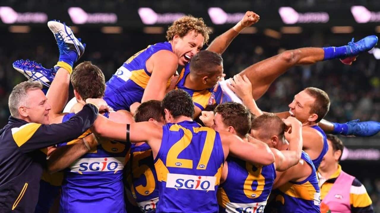 West Coast celebrate their win over Port Adelaide