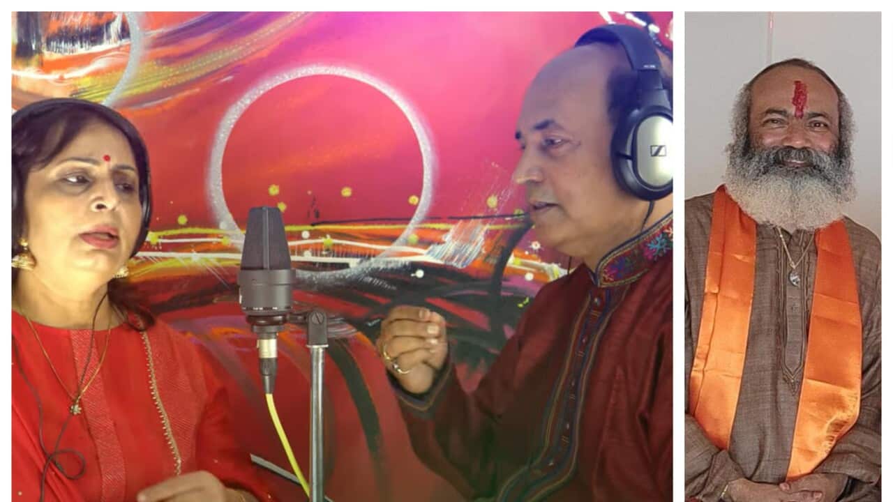 Preeti Diwanji and Yayati Deota (L) singing Madi Taro kholo as a part of NRI Gaatha and lyricist Dr Bhuvan Unhelkar (R).