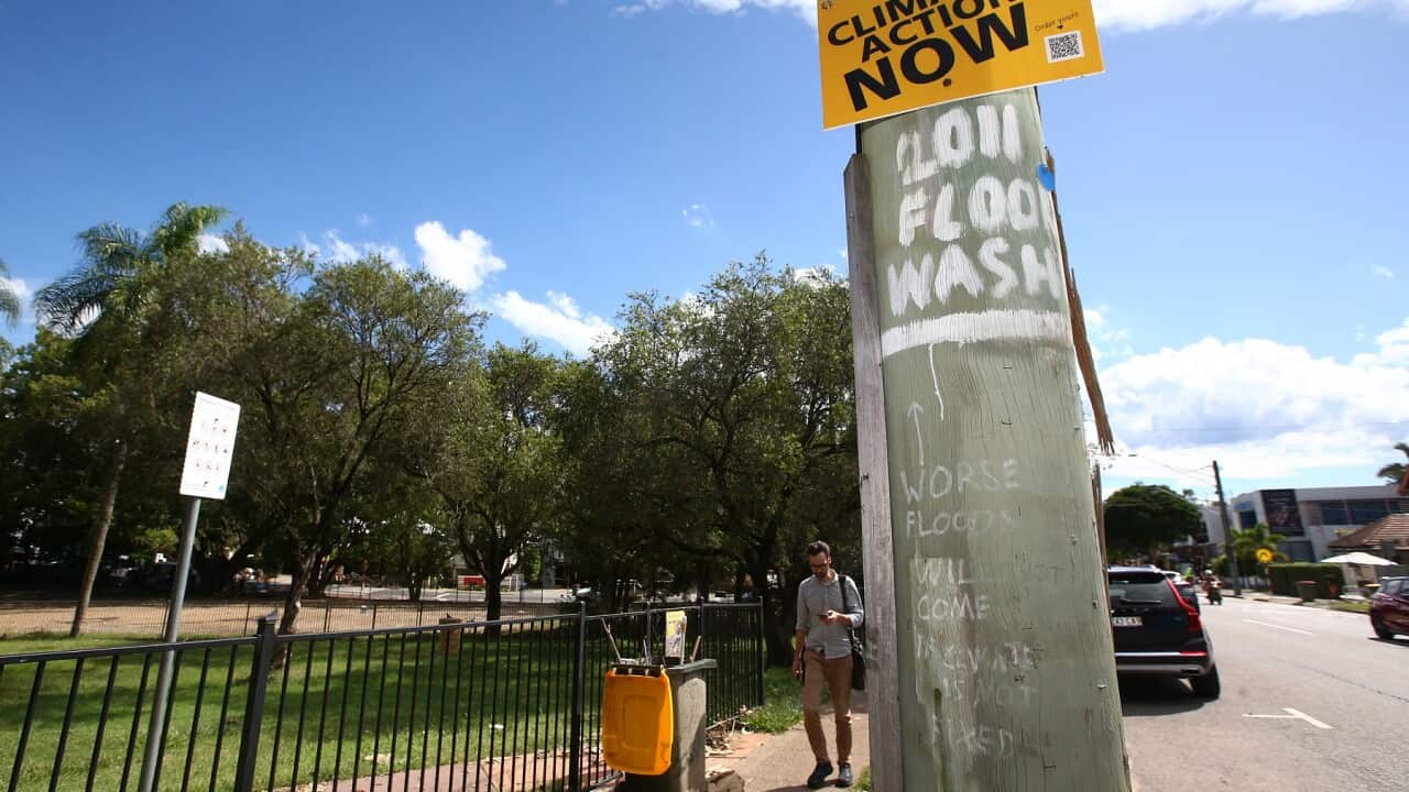 A climate change sign is seen in Milton, Brisbane