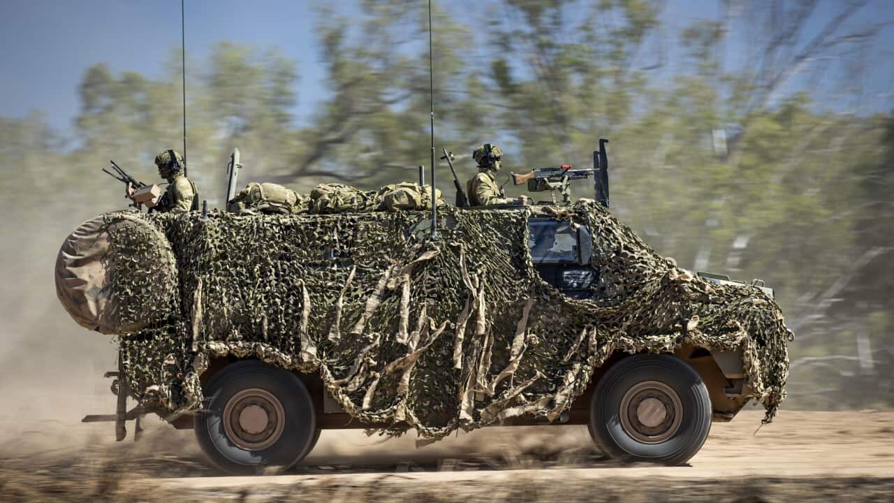 An Australian Army Bushmaster armoured vehicle during a training mission