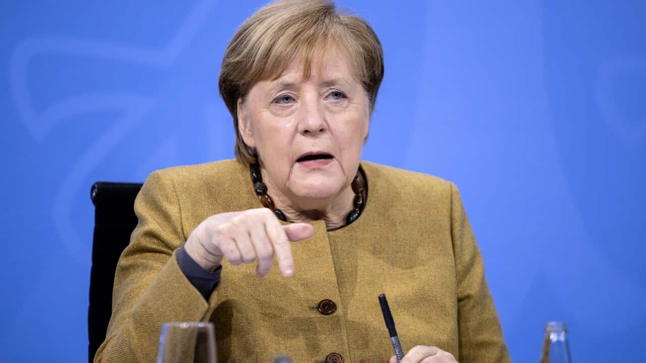 German Chancellor Angela Merkel during a press conference after a coronavirus update meeting