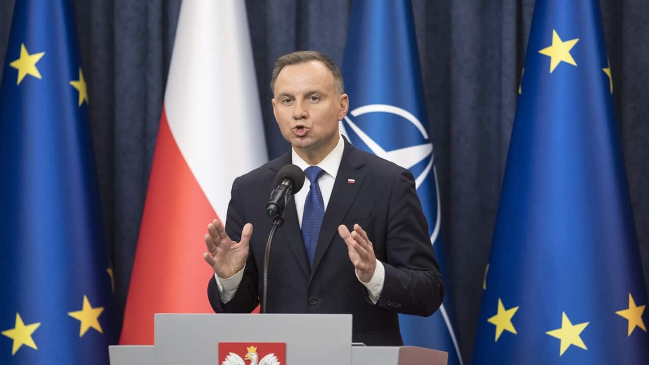 President of Poland Andrzej Duda speaks in response to a missile explosion that killed two people in Przewodow village