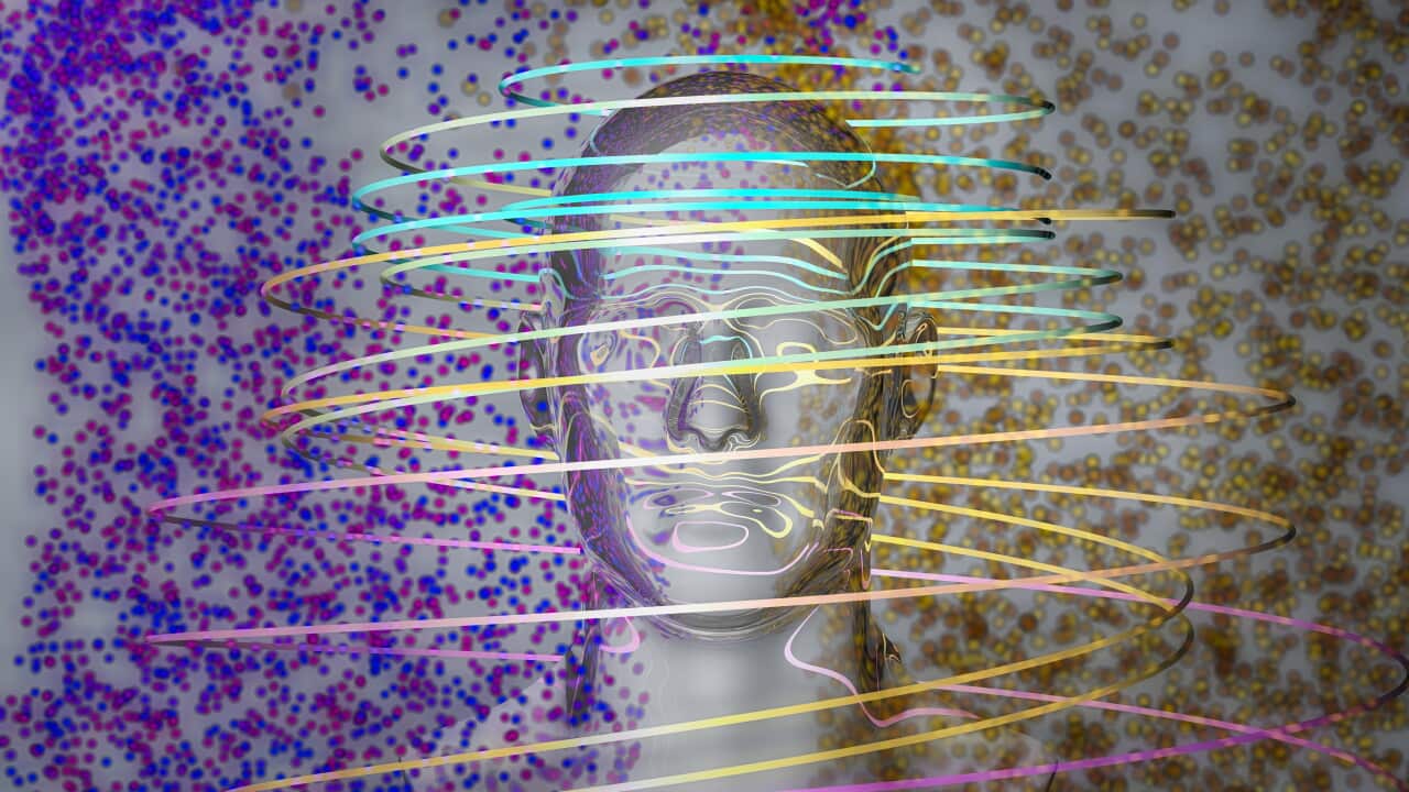 CGI Head Portraits with particles and light bands of color