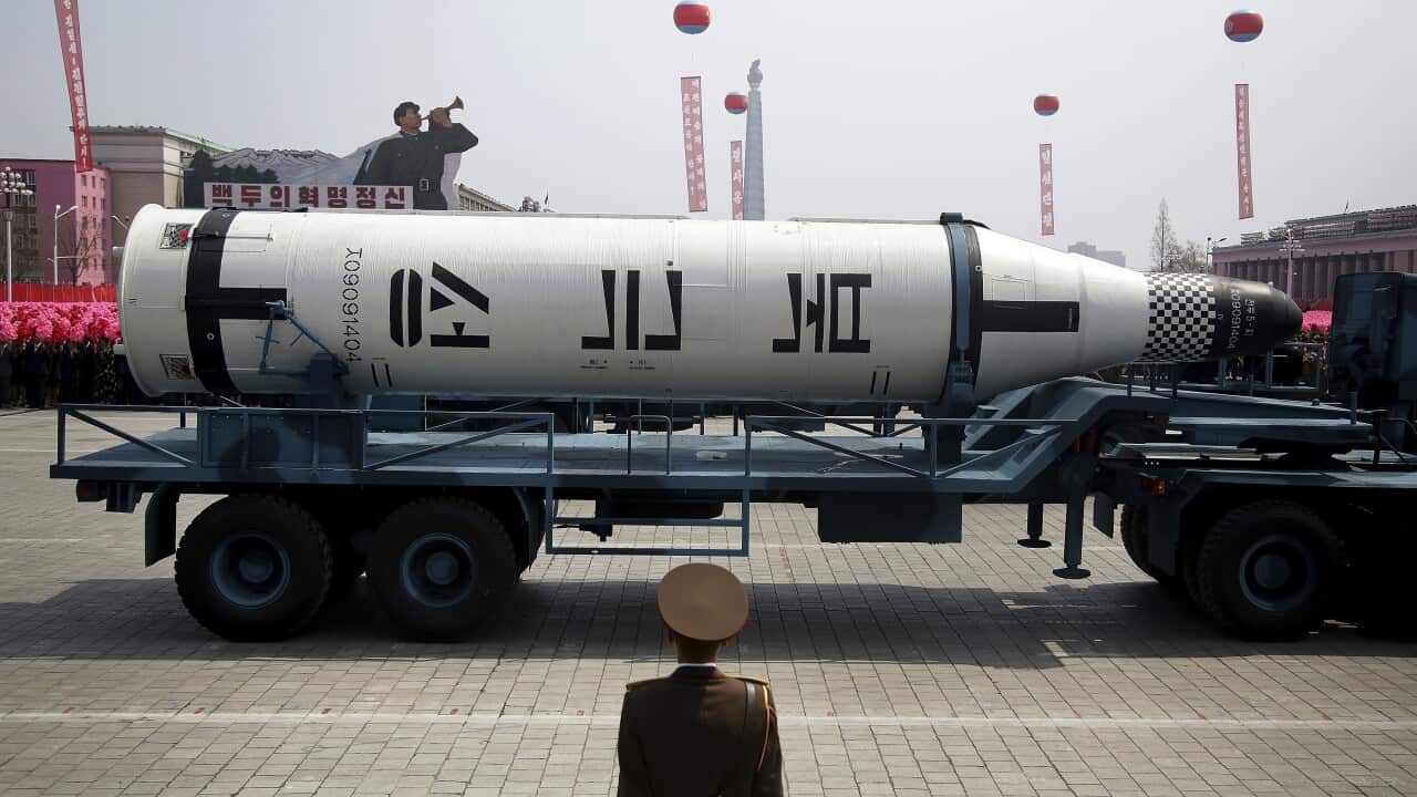 (File Image) A submarine missile is paraded across the Kim Il Sung Square during a military parade in Pyongyang in April 2017.