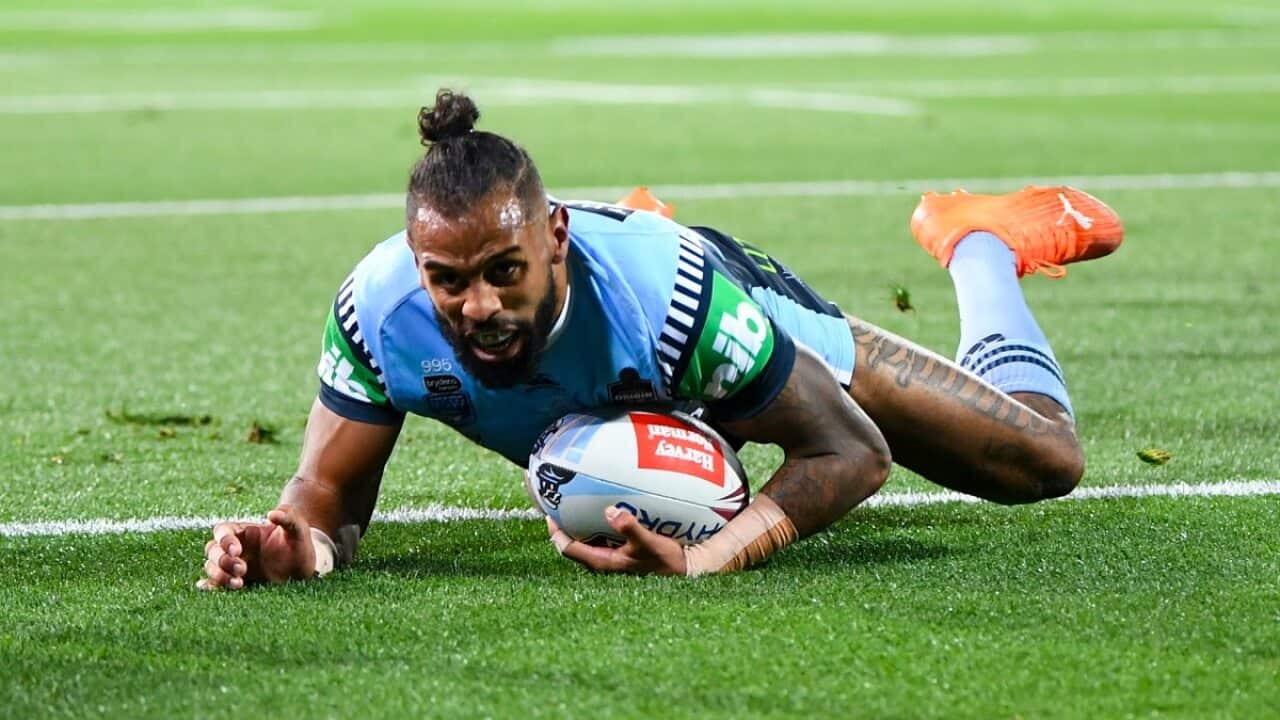 Josh Addo-Carr of the Blues scores a try during Game 1 of the 2020 State of Origin series between the NSW Blues and the Queensland Maroons at Adelaide Oval, Adelaide,