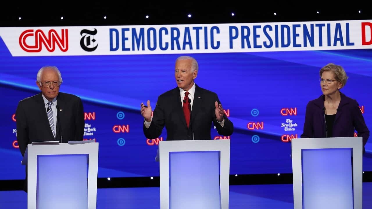 Democratic presidential candidates on stage in Ohio.