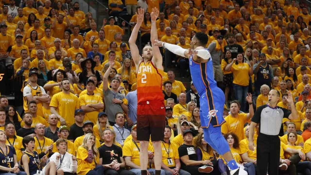 Utah Jazz forward Joe Ingles shoots.