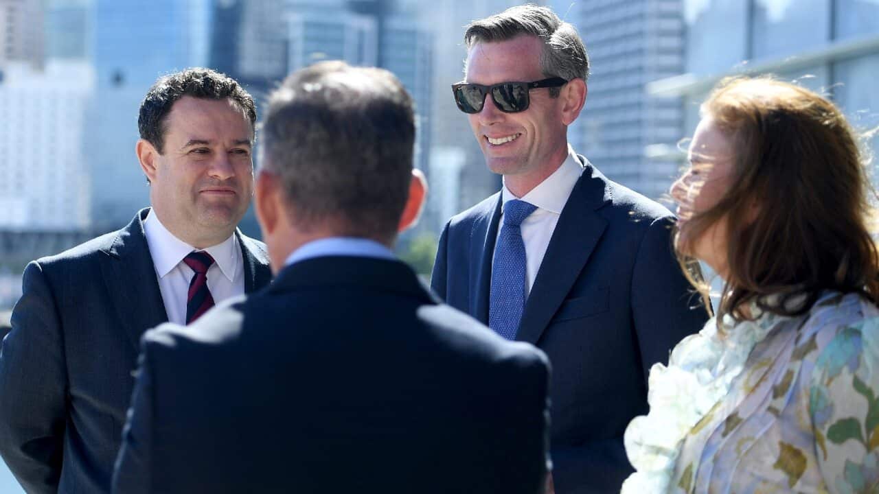 NSW Premier Dominic Perrottet, Tourism Minister Stuart Ayres and Tourism and Transport Forum Chief Executive Margy Osmond outline the new tourism package.
