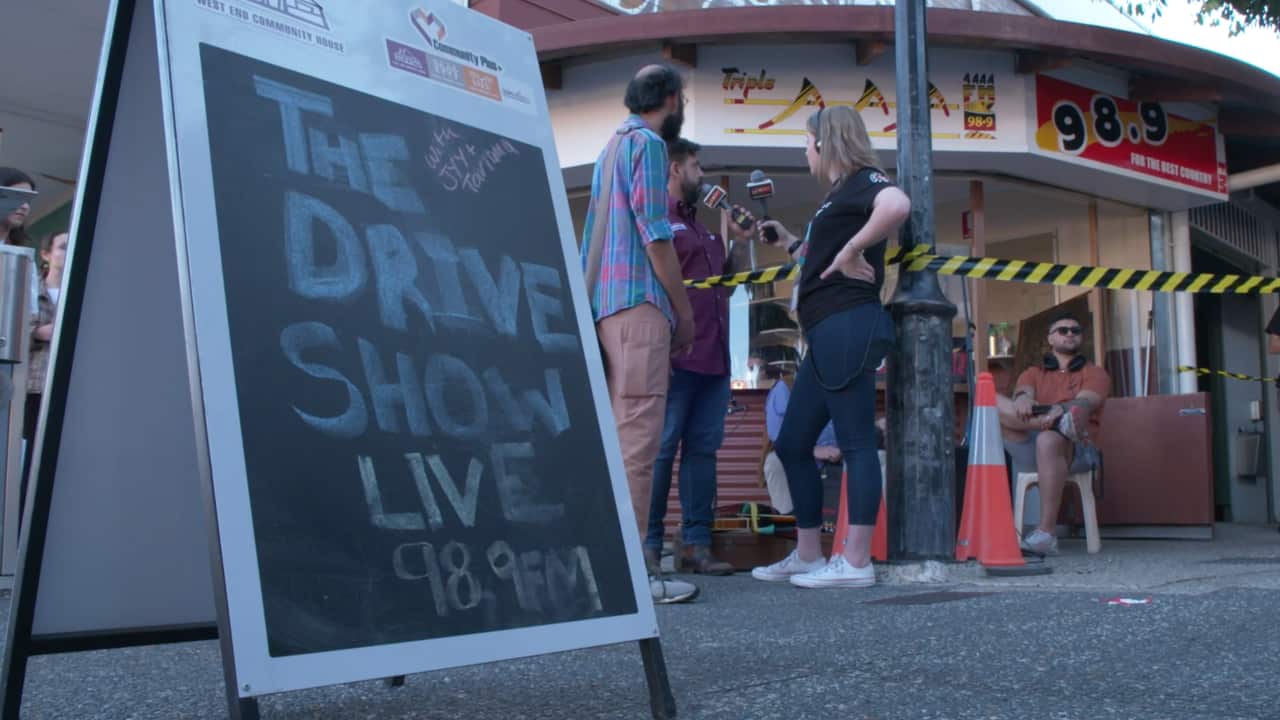 Brisbane Indigenous Media Association's Dan Rennie and Tariana Olive doing a live interview with local Green's Councillor, Jonathan Sri in West End.