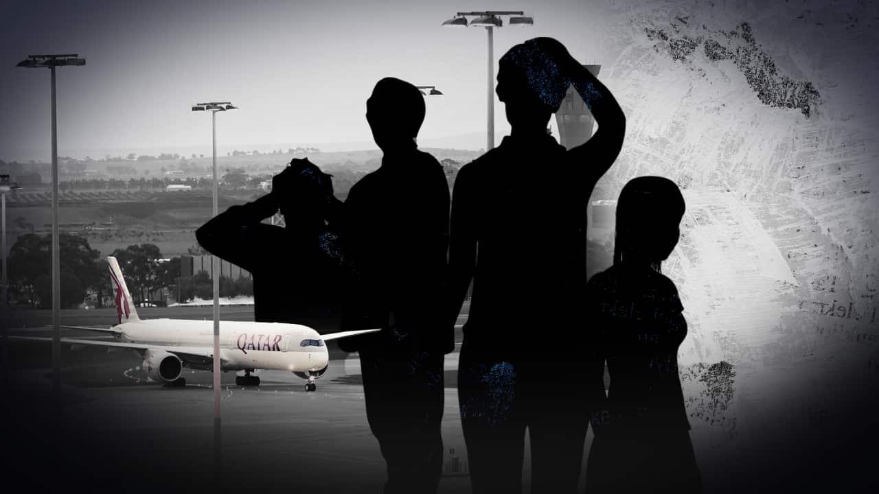 A stylised black and white image showing a Qatar Airways plane on a runway, with dark silhouettes in front.