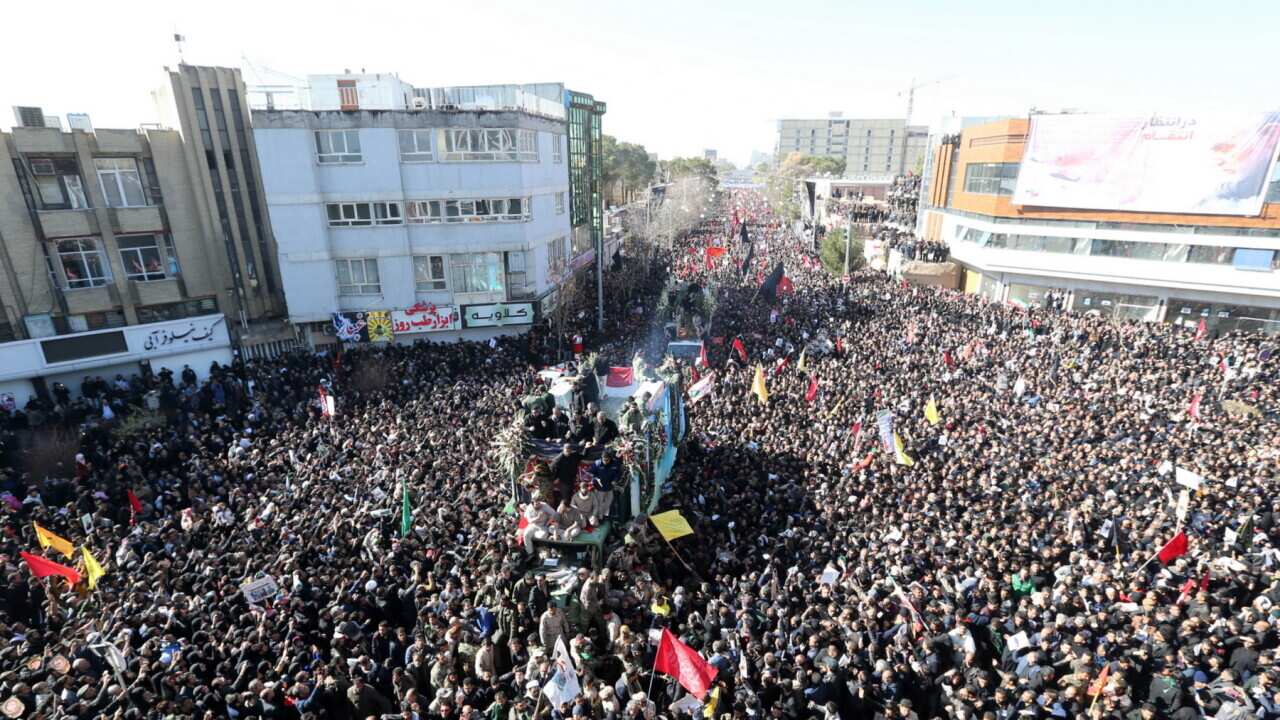 Iranians carrying the coffin of Qasem Soleimani in his home town Kerman, Iran