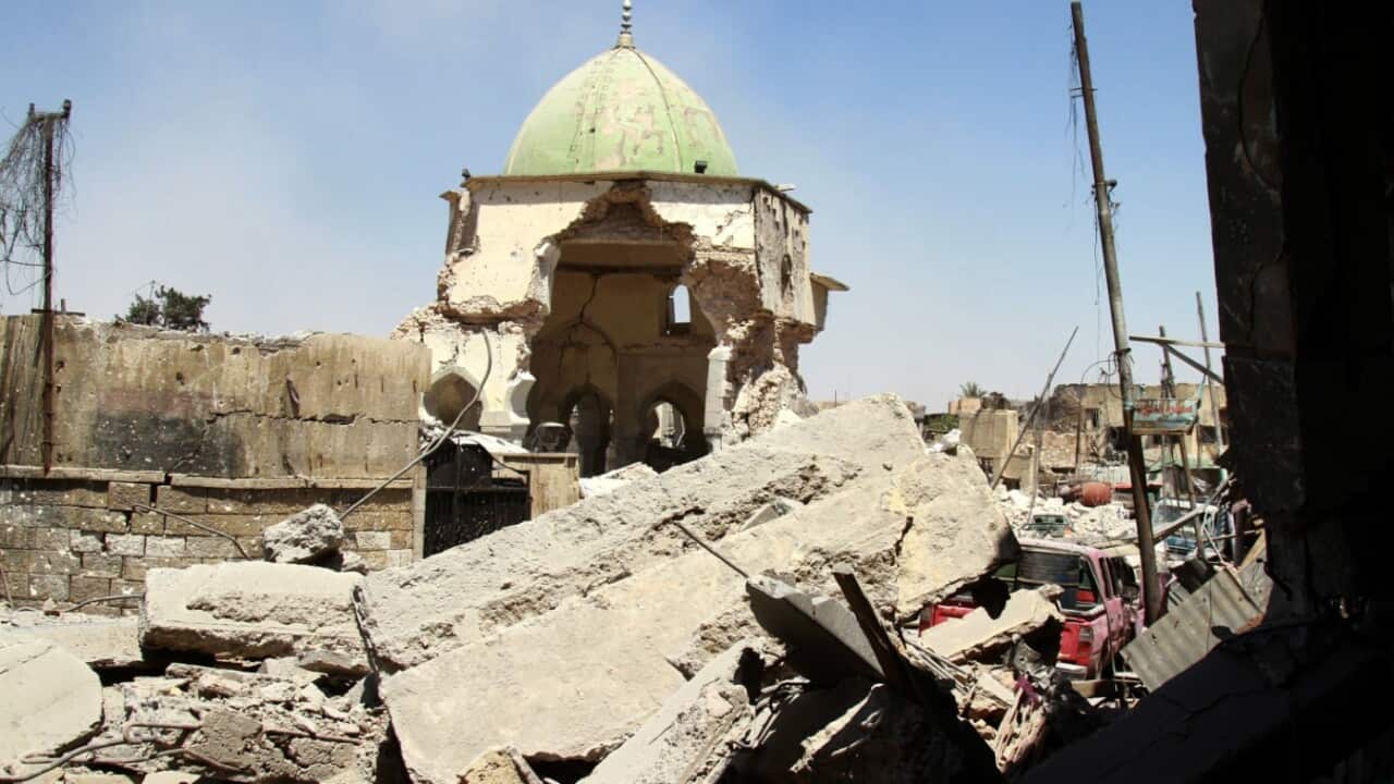 A general view on the destroyed Great Mosque of al-Nuri in the old city area western Mosul, Iraq, 29 June 2017 (issued 30 June 2017).