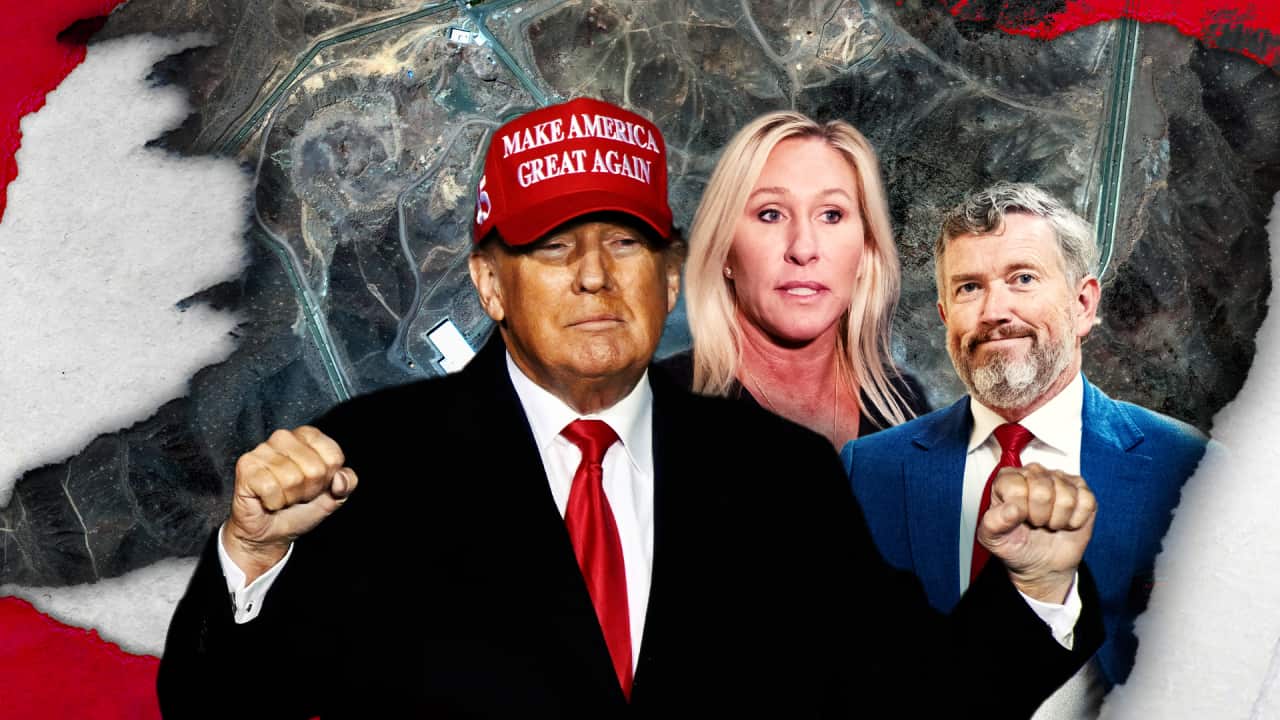 A composite graphic of Donald Trump holding his fists in the air and wearing a red cap that says "make america great again", with a woman and a man to his right.