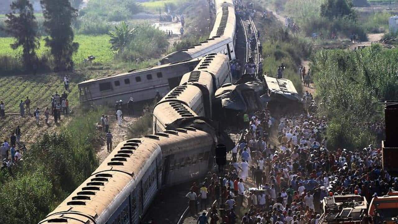 The wreckage caused by two passenger trains colliding in Alexandria, Egypt. (EPA)