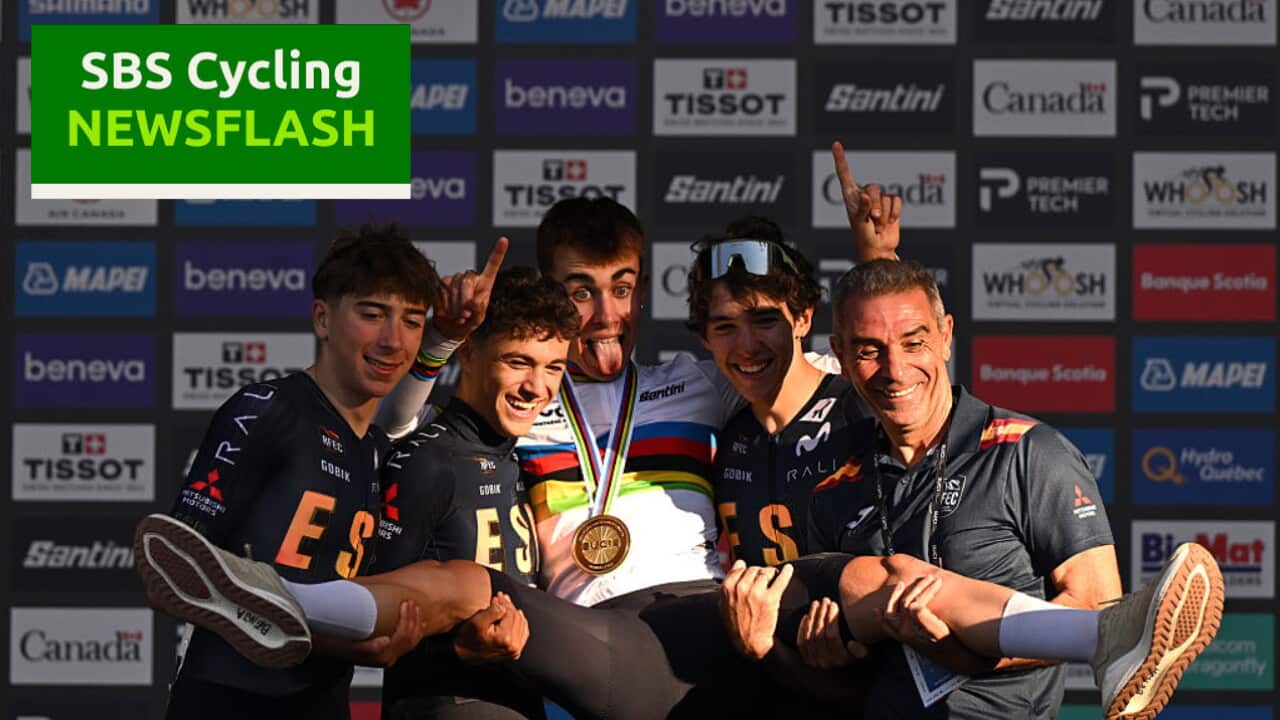 MONTREAL, QUEBEC - SEPTEMBER 24: Gold medalist Benjamin Noval and Team Spain (C), Spanish Junior's Coach, Eleuterio "Lute" Anguita and teammates, Raul Lopez, Aitor Martinez and Luca Martinez and Team Spain pose on the podium ceremony after the 99th UCI Road World Championships Montreal 2026, Men Junior Road Race a 134km one day race from Montreal to Montreal on September 24, 2026 in Montreal, Quebec. (Photo by Dario Belingheri/Getty Images)