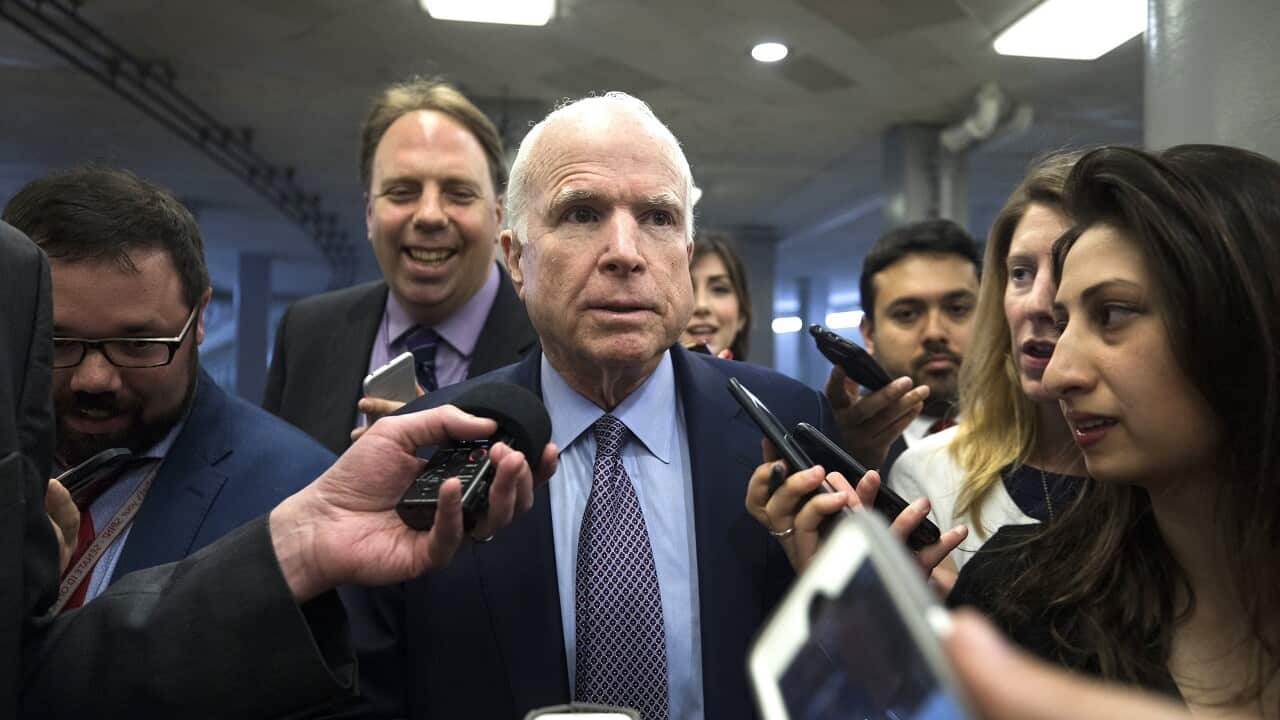 Republican Senator from Arizona John McCain speaks to the media about President Trump's leak of suspected classified information to the Russian government.