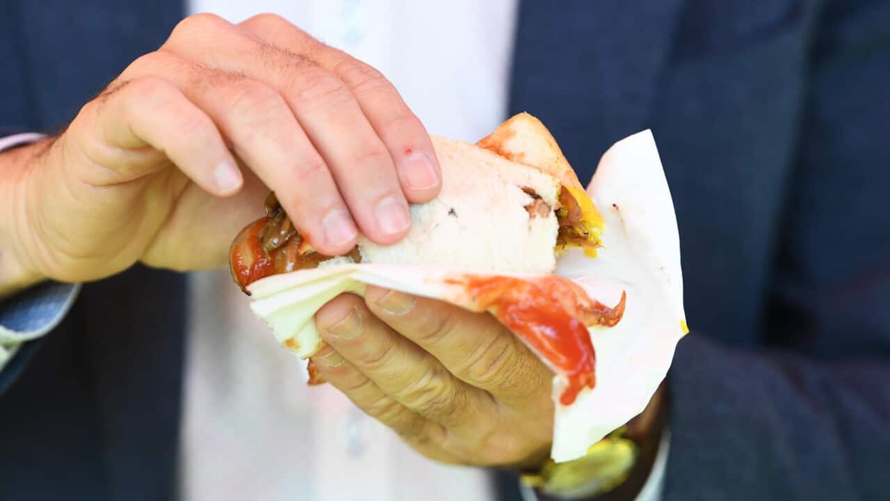 A democracy sausage ready to be eaten on election day.