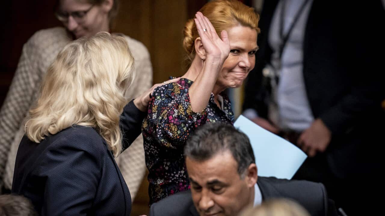 Former Danish migration minister Inger Stojberg leaves the parliament at Christiansborg Castle after having been expelled after being impeached, in Copenhagen, Denmark.