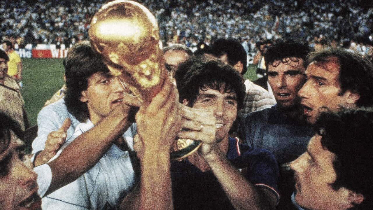 Bruno Conti, Giancarlo Antognoni, Paolo Rossi, Dino Zoff, Francesco Graziani and Franco Selvaggi celebrate after winning the Final FIFA World Cup.
