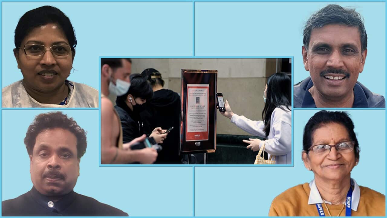 Centre: A general view of Pitt street mall in Sydney, Tuesday, October 12, 2021. (AAP); Clockwise from Top left: Devika, Vindran, Thanga and Bernard