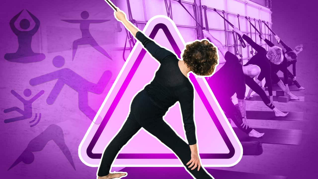 A stylised image of a woman doing a yoga stretch in black pants and a black shirt, her back turned, in front of a purple background. It also features images of yoga postures and people doing yoga with a triangle in the centre.