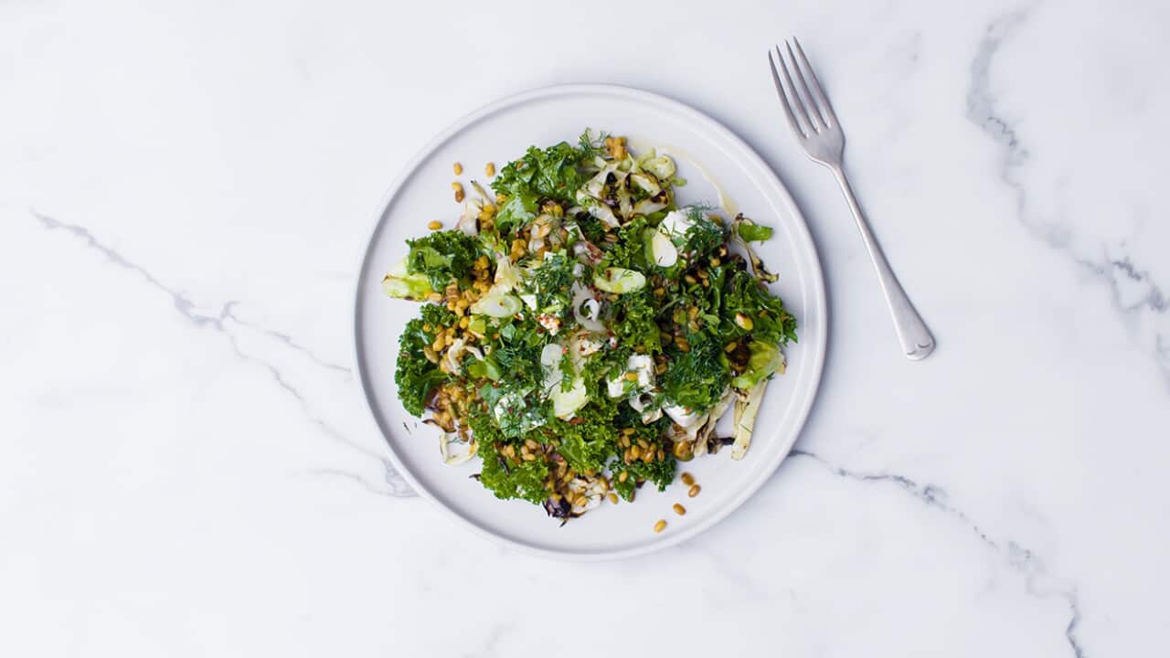 Greens, grains and marinated feta salad
