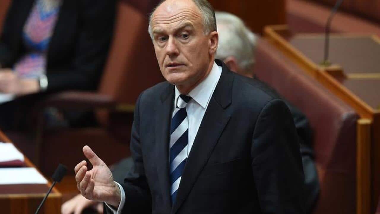 Liberal Tasmanian senator and former cabinet minister Eric Abetz during Question Time in the Senate at Parliament House in Canberra, Wednesday, Oct. 12, 2016. (AAP Image/Mick Tsikas) NO ARCHIVING