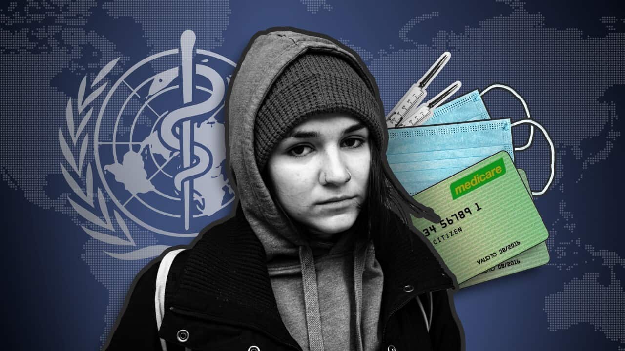An illustration of a migrant woman with Medicare card, injections and masks.