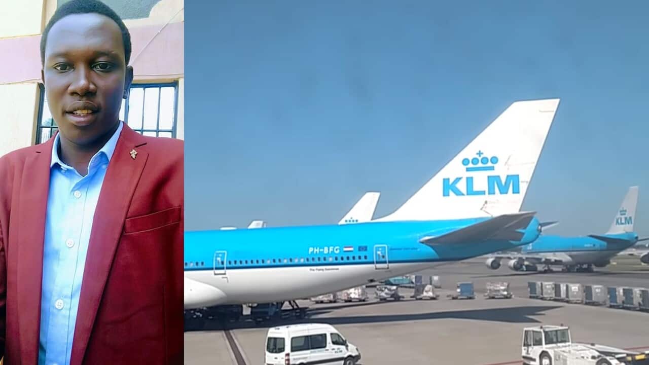 The KLM airline at the JKIA and the photo of Late John Aleu Deng