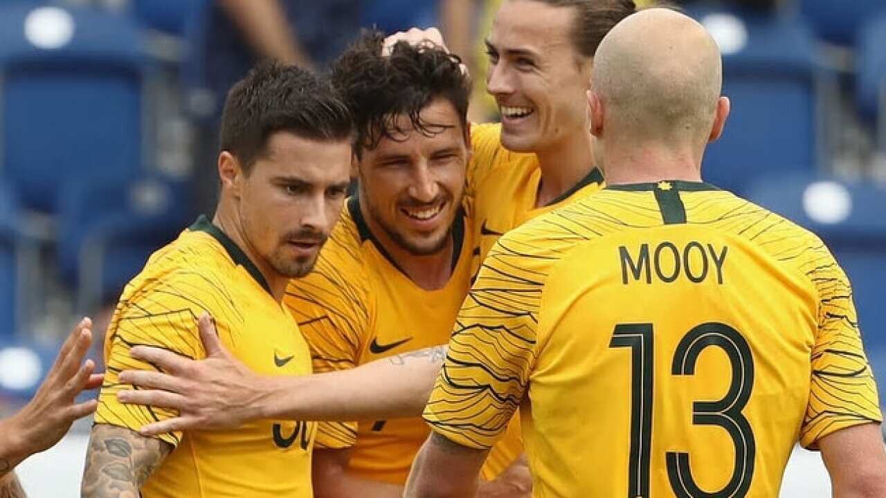 Mathew Leckie celebrates after scoring his second goal in Australia's friendly match against the Czech Republic in Austria – Getty Images.