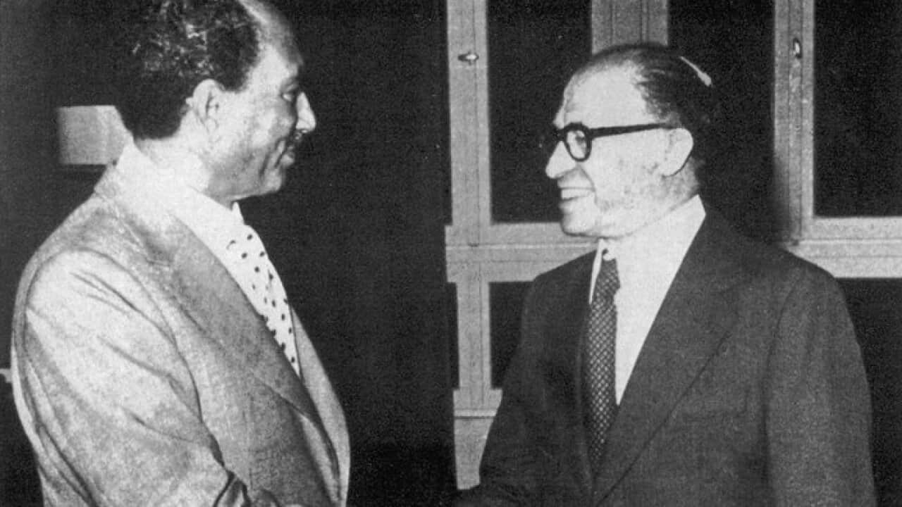 President Anwar Sadat of Egypt(1918-1981) and the Israeli Prime Minister Menachem Begin(1913-1992). Sadat became the first Arab leader to set foot in Israel in its 29 years of existence when he arrived in Tel Aviv at the start of his two day visit. Da