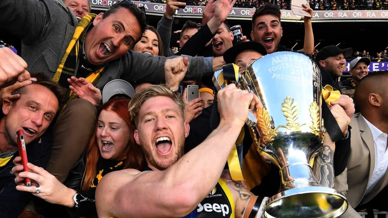 Nathan Broad of the Tigers reacts after winning the AFL grand final on Sept 30