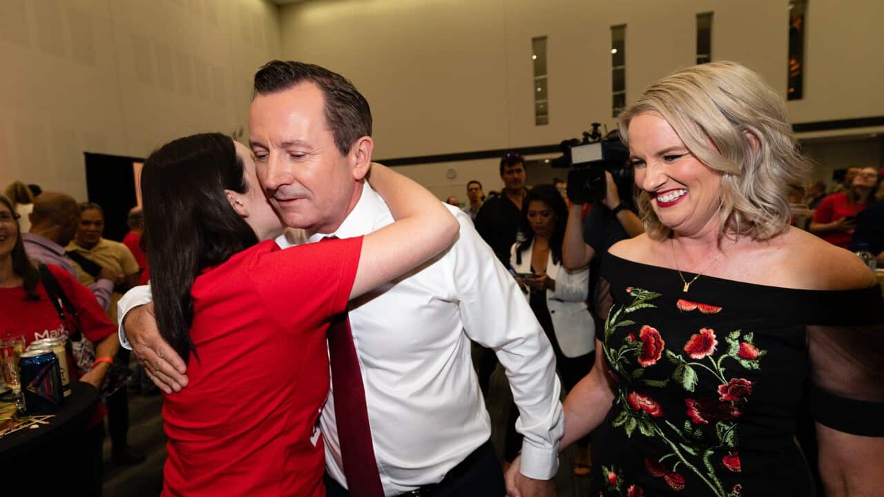 Supporters congratulate Mark McGowan and his wife Sarah