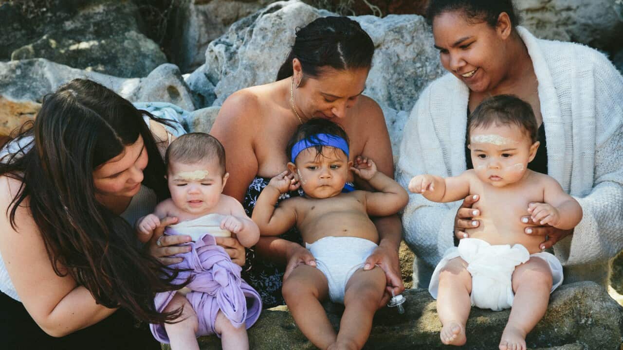 Smoking Ceremony, Welcoming Waminda Goodjaga’s on Yuin Country. L–R; Gemmah Floyd, Elizabeth Luland, Patricia De Vries and their babies.