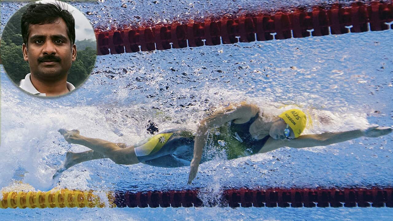 Emma McKeon (Australia) competes in the women's 50m Freestyle Final during the Swimming events of the Tokyo 2020 Olympic Games. Inset: K Balamurugan