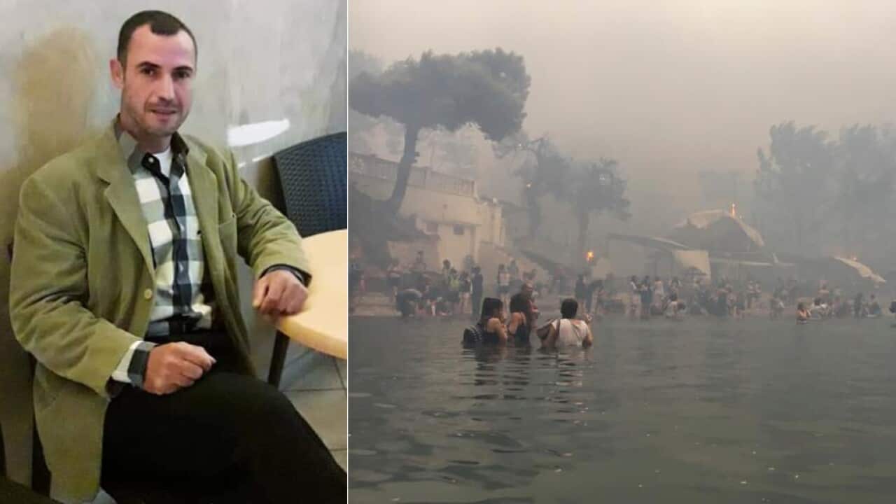 Combo image: Mahmoud Moussa (L) and a July 23 image from video provided by Elia Kallia of people escaping wildfires in Mati.