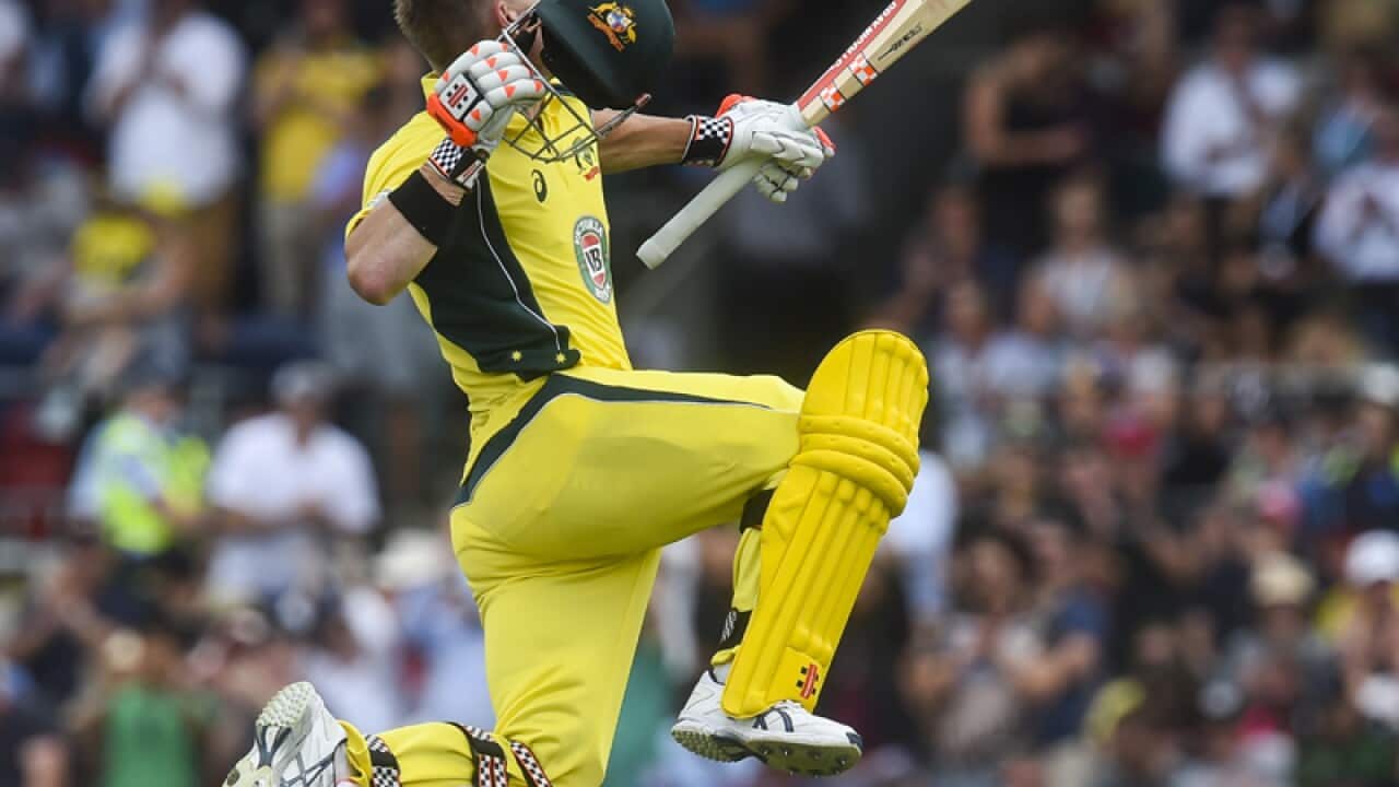 Batsman Dave Warner of Australia celebrates a century