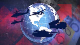 A graphic showing a globe with military vehicles and money interposed on it