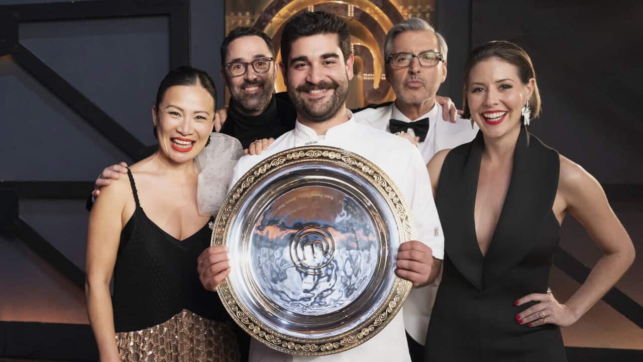 MasterChef Australia 2026 winner Vinnie Gibaldi (center), with judges (from left) Poh Ling Yeow, Andy Allen, Jean-Christophe Novelli and Sofia Levin.