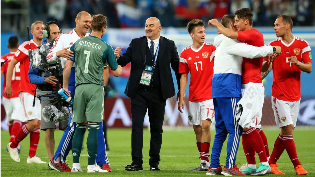 Russian players celebrate the 2nd win against Egypt.