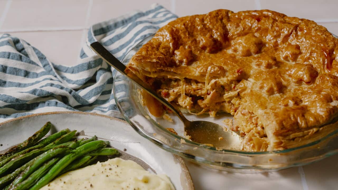 Chicken and leek pie with Paris mash and charred green beans