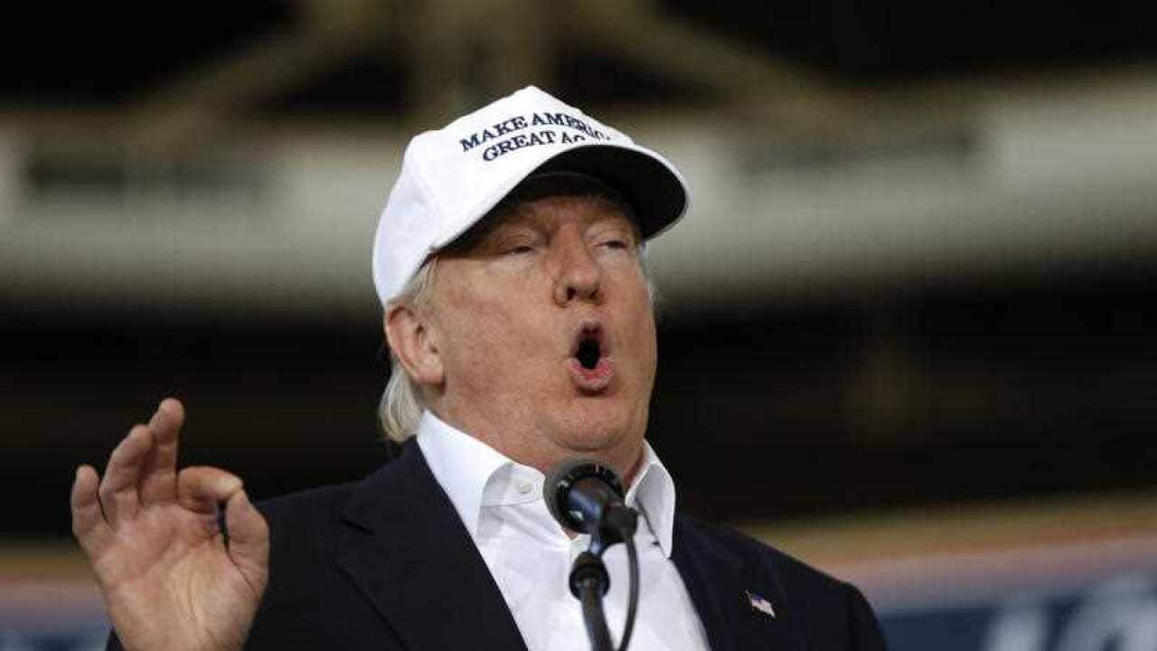Republican presidential candidate Donald Trump speaks at Joni's Roast and Ride, a fundraiser for a PAC, at the Iowa State Fairgrounds